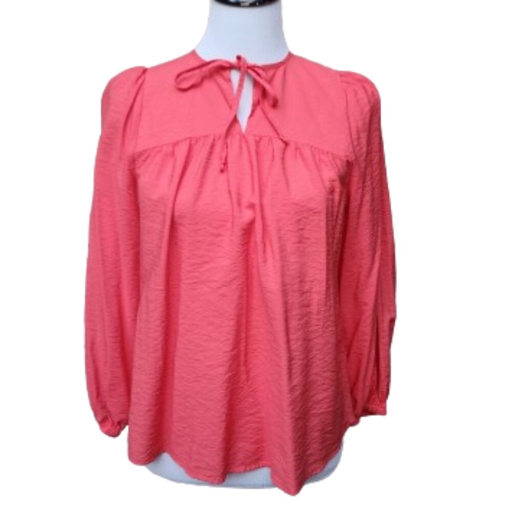 a new day Red Blouse Tie-Neck Solid Crepe Wrinkled Type Fabric Relaxed Fit